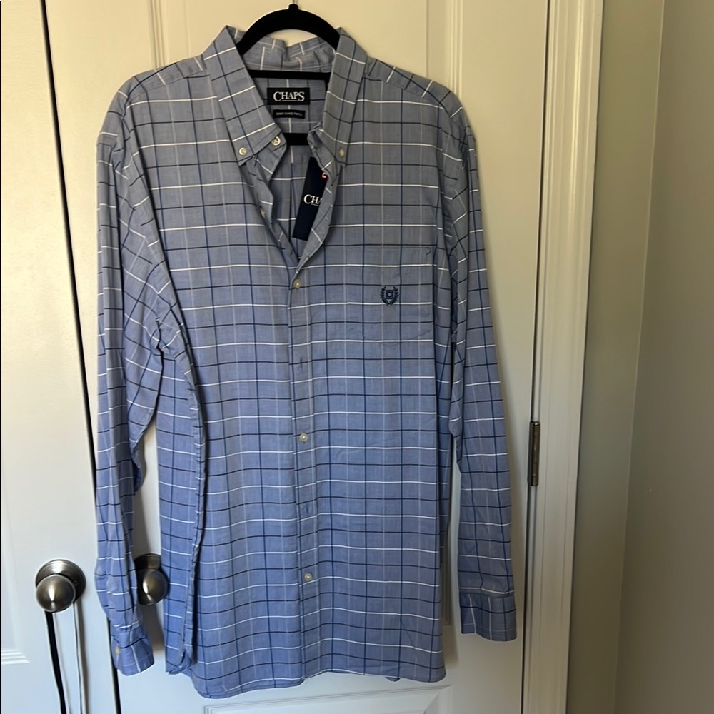 Chaps Blue Casual Button Down Shirt with Plaid Pattern
